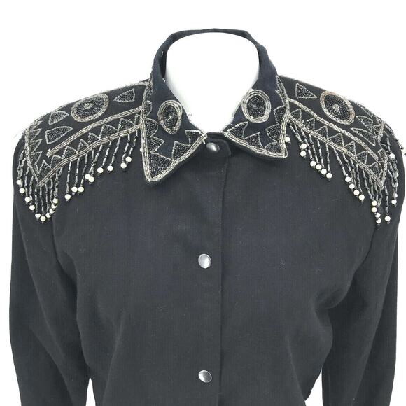 Vintage Modi Denim Women's Western Beaded Shirt Jacket Shacket Sz L 10-12 Black - Picture 2 of 9